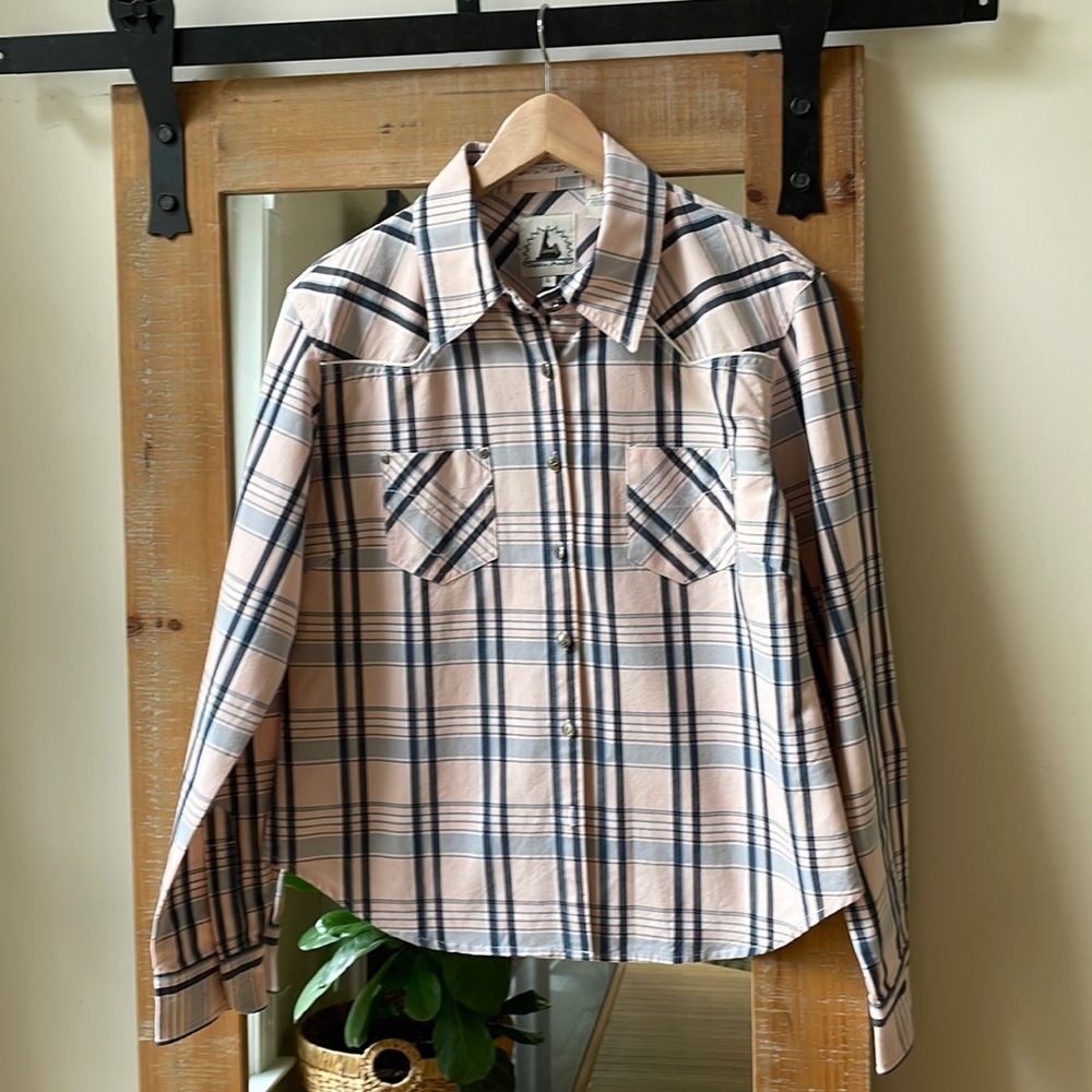 Pink Plaid Western Style Long Sleeve Shirt Size L